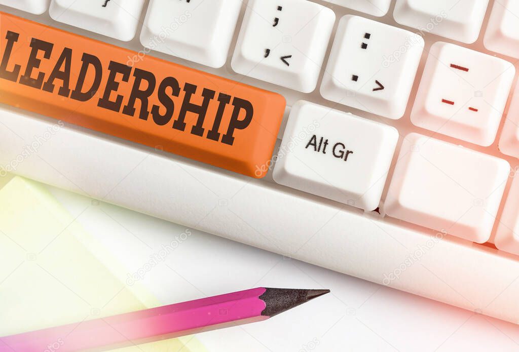 Text sign showing Leadership. Conceptual photo ability to guide others without force into direction or decision Different colored keyboard key with accessories arranged on empty copy space.