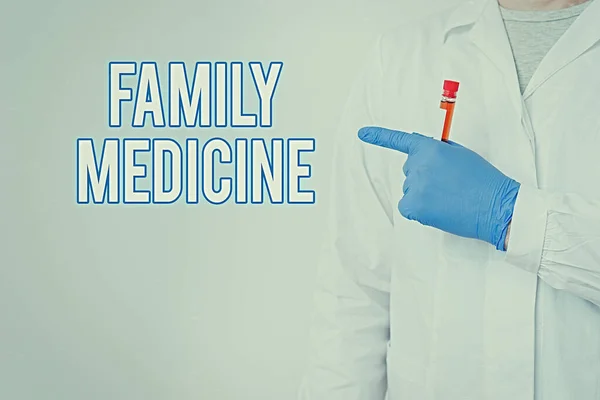 Writing note showing Family Medicine. Business photo showcasing comprehensive health care for the individual and family Laboratory Blood Test Sample Shown For Medical Diagnostic.