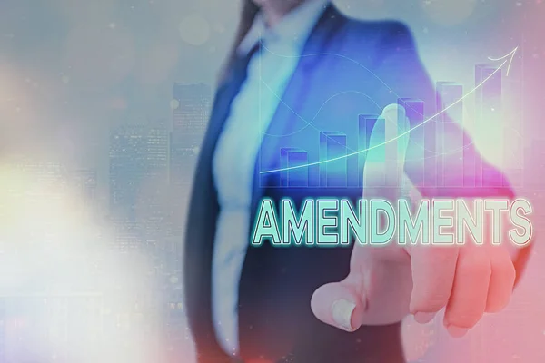 Text sign showing Amendments. Conceptual photo process of amending a law or document by parliamentary. Arrow symbol going upward denoting points showing significant achievement. — Stock Photo, Image