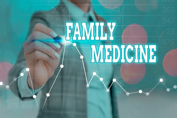 Writing note showing Family Medicine. Business photo showcasing comprehensive health care for the individual and family Arrow symbol going upward showing significant achievement.