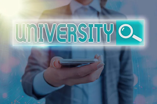 Text sign showing University. Conceptual photo institution of higher learning providing facilities for teaching Web search digital information futuristic technology network connection. — Stock Photo, Image