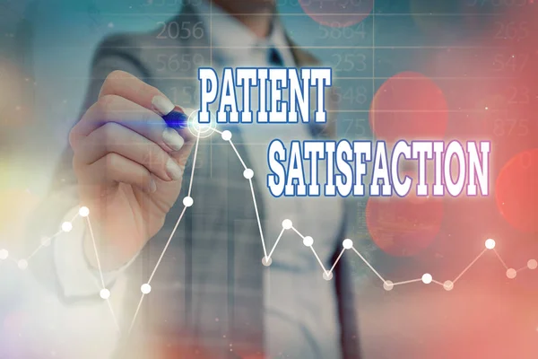 Schrijfbriefje met Patiënttevredenheid. Zakelijke foto toont de mate waarin een patiënt is blij met hun gezondheidszorg Pijl symbool naar boven waaruit blijkt aanzienlijke prestatie. — Stockfoto