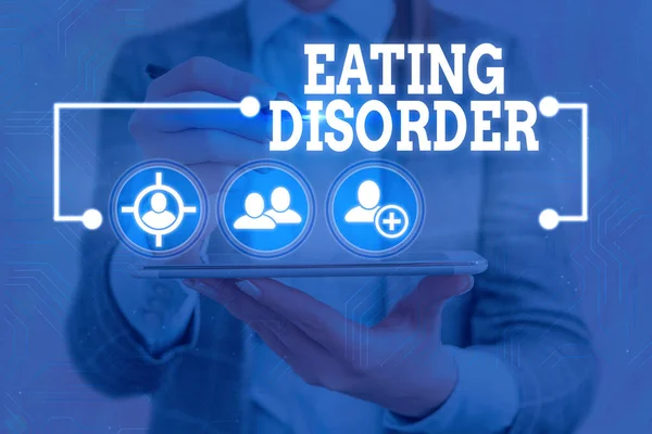 Text sign showing Eating Disorder. Conceptual photo illnesses or severe disturbances in their eating behaviors Information digital technology network connection infographic elements icon.