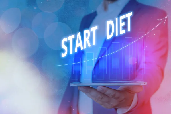 Word writing text Start Diet. Business concept for the practice of eating food in a regulated and supervised fashion Arrow symbol going upward denoting points showing significant achievement. — Stock Photo, Image