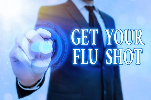 Get Your Flu Shot 을 보여 주는 글씨체. 웹 데이터 정보 보안 애플리케이션 시스템을 위해 인플루엔자 그래픽스 패들로부터 보호하기 위해 매년 사업 사진을 보여 주는 면역 접종을 받는다.. — 스톡 사진