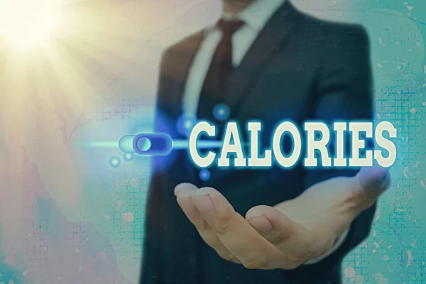 カロリーを示すテキスト記号。概念的な写真1つの大きなカロリーのエネルギーの値を持つ食品の量Webデータセキュリティアプリケーションシステムのためのグラフィックス南京錠. — ストック写真