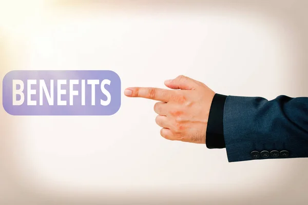 Text sign showing Benefits. Conceptual photo produces helpful results or effects that promote wellbeing Model with pointing hand finger symbolizing navigation progress growth. — Stock Photo, Image
