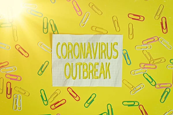 Слова, пишущие текст Coronavirus Outbreak. Бизнес-концепция инфекционных заболеваний, вызванных недавно обнаруженным COVID19 Квартира лежала над пустой бумагой с копировальным пространством и цветными скрепками. — стоковое фото