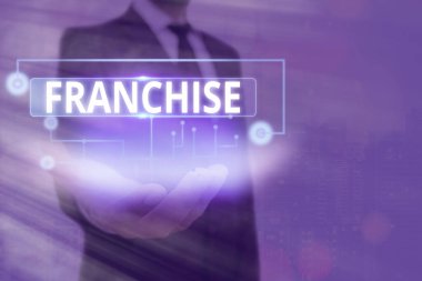 İmza işareti Franchise 'i gösteriyor. Bilgi dijital teknoloji ağı bağlantı öğeleri ikonu pazarlaması için bir birey veya gruba verilen kavramsal fotoğraf hakkı veya lisansı.