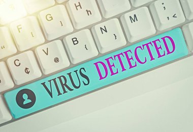 Virüs Tespit Edildiğini gösteren not yazılıyor. Boş kopyalama alanına aksesuarları yerleştirilmiş kötü amaçlı yazılımı önlemek ve kaldırmak için kullanılan bir bilgisayar programını gösteren iş fotoğrafı.