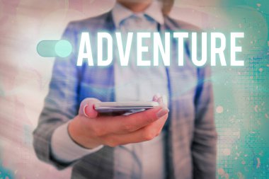 Mesaj işareti Macera 'yı gösteriyor. Finansal risk, tehlike ve bilinmeyen riskleri içeren kavramsal fotoğraf girişimi web veri bilgi güvenlik uygulama sistemi için grafiksel asma kilit.