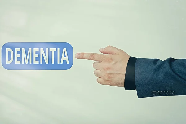 Text sign showing Dementia. Conceptual photo usually, a progressive condition marked by multiple deficits Model with pointing hand finger symbolizing navigation progress growth. — Stock Photo, Image