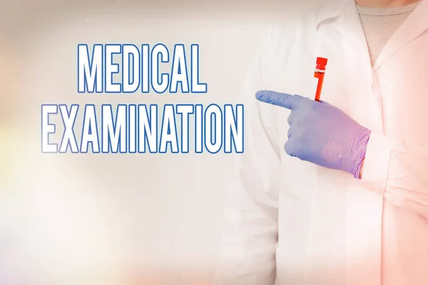 Writing note showing Medical Examination. Business photo showcasing the examination carried out to determine physical fitness Laboratory Blood Test Sample Shown For Medical Diagnostic. — Stock Photo, Image