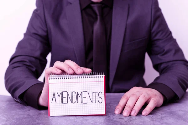 Conceptual hand writing showing Amendments. Business photo text process of amending a law or document by parliamentary. Model displaying different color notepad mock-up for writing idea.