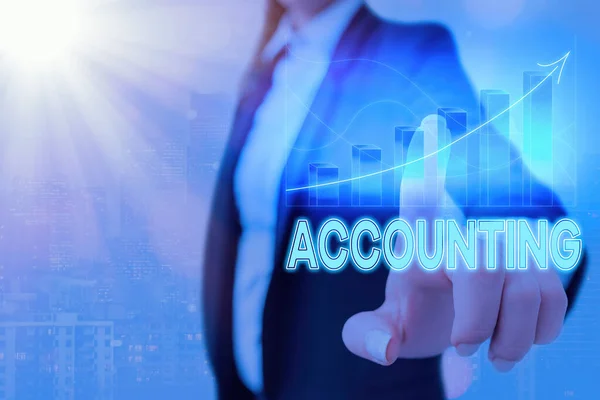 Text sign showing Accounting. Conceptual photo system of summarizing business and financial transactions Arrow symbol going upward denoting points showing significant achievement. — Stock Photo, Image