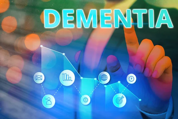 Word writing text Dementia. Business concept for usually, a progressive condition marked by multiple deficits Arrow symbol going upward denoting points showing significant achievement. — Stock Photo, Image