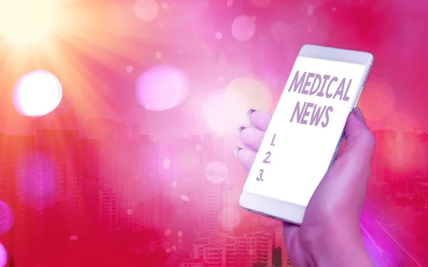 Word writing text Medical News. Business concept for report or noteworthy information on a medical breakthrough Modern gadgets with white display screen under colorful bokeh background.