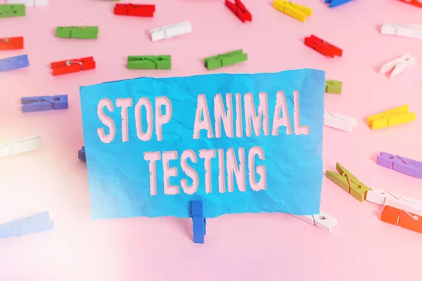 Conceptueel handschrift met Stop Dierproeven. Zakelijke foto showcasing maakte een einde aan dierproeven of onderzoek Gekleurde wasknijpers lege herinnering roze vloer kantoor. — Stockfoto