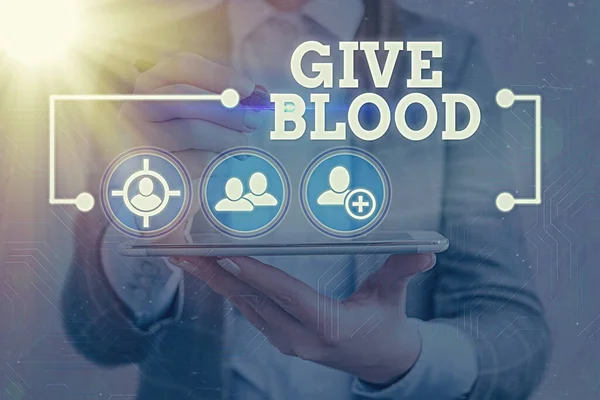 Signo de texto que muestra Give Blood. Foto conceptual que un individuo voluntariamente ha extraído sangre y utilizado para transfusiones Icono de elementos infográficos de conexión de red de tecnología digital de información . — Foto de Stock