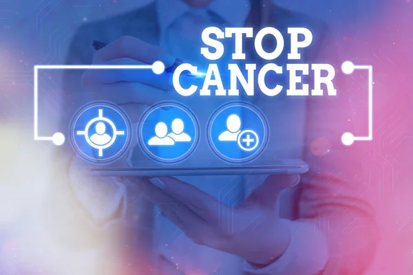Text sign showing Stop Cancer. Conceptual photo prevent the uncontrolled growth of abnormal cells in the body Information digital technology network connection infographic elements icon.