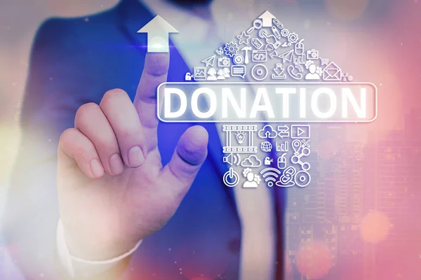 Handwriting text writing Donation. Concept meaning the act or an instance of donating such as the making of a gift Information digital technology network connection infographic elements icon. — Stock Photo, Image