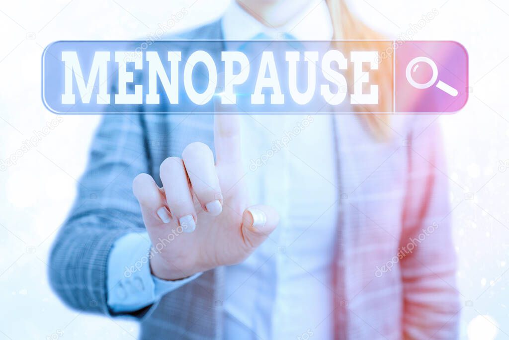Word writing text Menopause. Business concept for natural cessation of menstruation that usually occurs around 45 Web search digital information futuristic technology network connection.