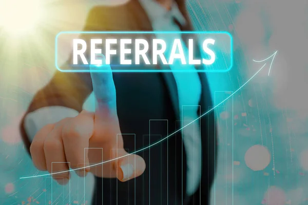 Text sign showing Referrals. Conceptual photo act, action, or an instance of referring to someone for work Arrow symbol going upward denoting points showing significant achievement. — Stock Photo, Image