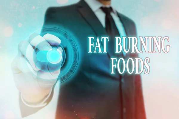 Escrevendo uma nota mostrando Fat Burning Foods. Foto de negócios mostrando produzir perda de gordura, estimulando o metabolismo para reduzir o apetite Gráficos cadeado para dados da web sistema de aplicação de segurança de informação . — Fotografia de Stock