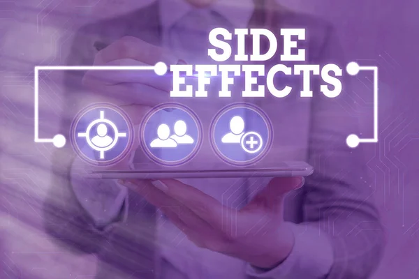Text sign showing Side Effects. Conceptual photo Typically undesirable effect of a drug or medical treatment Information digital technology network connection infographic elements icon.