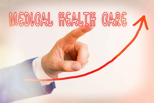 Handwriting text Medical Health Care. Concept meaning restoration of our physical and mental wellbeing digital arrowhead curve rising upward denoting growth development concept.