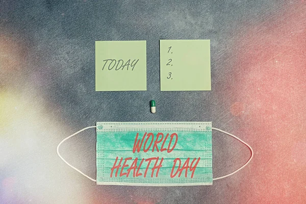 Text sign showing World Health Day. Conceptual photo global health awareness day celebrated every year on 7 April Set of medical equipment with notepad for professional health condition assessment.