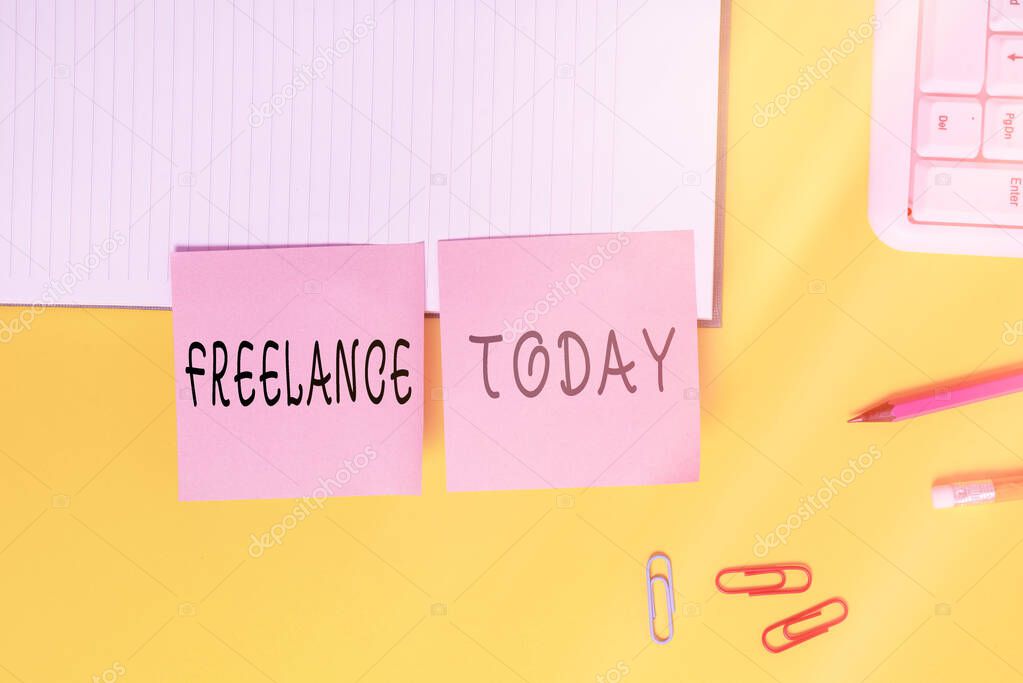 Word writing text Freelance. Business concept for an individual who pursues a profession without a longterm commitment Flat lay above table with blank papers with copy space for text messages.