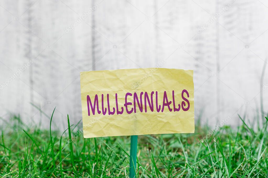 Handwriting text writing Millennials. Concept meaning an individual reaching young adulthood in the early 21st century Plain empty paper attached to a stick and placed in the green grassy land.