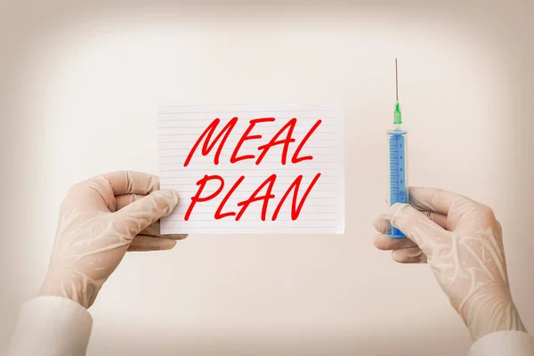 Word writing text Meal Plan. Business concept for act of taking time to plan any number of meals for the week Laboratory blood test sample shown for medical diagnostic analysis result.