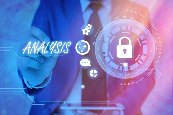 문자 분석 (Analysis). 웹 데이터 정보 보안 애플리케이션 시스템을 위한 자연 그래픽스 패킹을 이해하기 위해 복잡 한 것을 검사하는 비즈니스 개념. — 스톡 사진