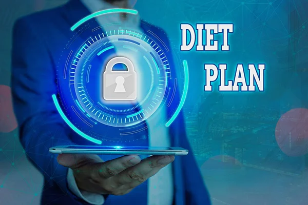 Handwriting text Diet Plan. Concept meaning amount of food are planned out to achieve a specific weight Graphics padlock for web data information security application system.