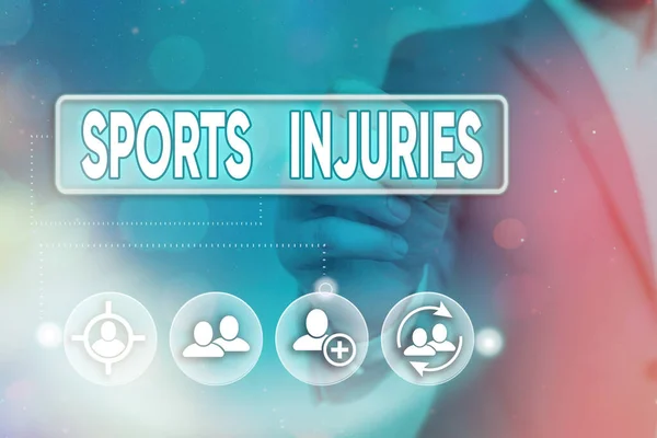 Szóírás szöveg Sport sérülések. Üzleti koncepció a sportolás vagy testmozgás során fellépő sérülésekre Információs digitális technológiai hálózati kapcsolat infografikai elemek ikon. — Stock Fotó