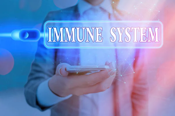 Text sign showing Immune System. Conceptual photo a bodily system that protects the body from foreign substances Graphics padlock for web data information security application system.