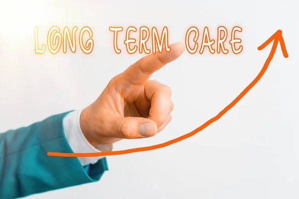 Handwriting text Long Term Care. Concept meaning assistance with the basic an individualal tasks of everyday life digital arrowhead curve rising upward denoting growth development concept.