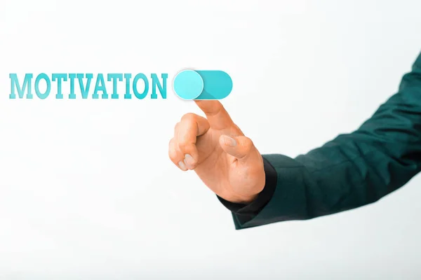 Writing note showing Motivation. Business photo showcasing the general desire or willingness of someone to do something Model with pointing hand finger symbolizing navigation progress growth. — Stock Photo, Image