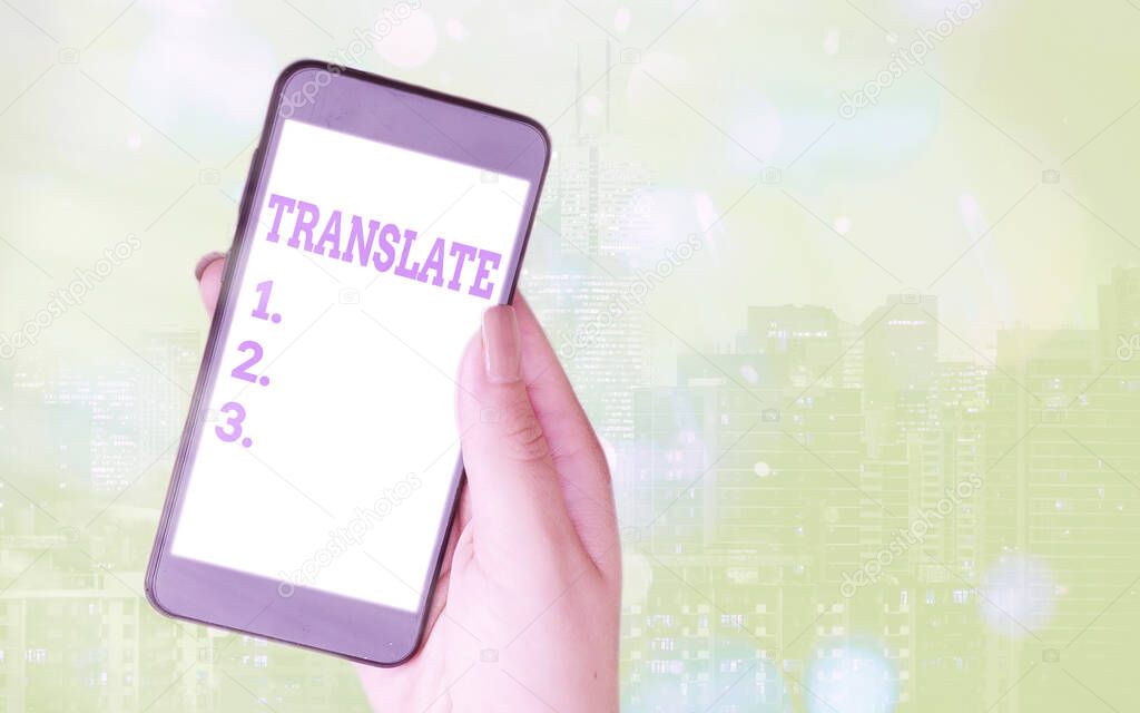 Writing note showing Translate. Business photo showcasing bear, remove, or change from one place, state, form, or appearance Modern gadgets white screen under colorful bokeh background.