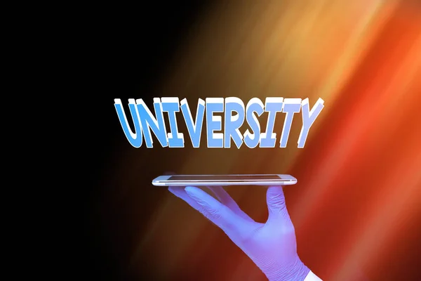 Writing note showing University. Business photo showcasing institution of higher learning providing facilities for teaching Displaying Sticker Paper Accessories With Medical Gloves On. — Stock Photo, Image