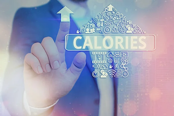 Handstil text skriva kalorier. Begreppet betyder en mängd livsmedel som har ett värde av energin i en stor kalori Information digital teknik nätverk anslutning infographic element ikon. — Stockfoto