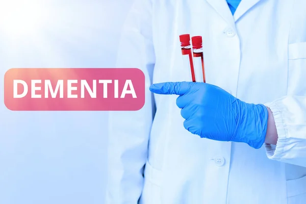 Handwriting text writing Dementia. Concept meaning usually, a progressive condition marked by multiple deficits Laboratory blood test sample shown for medical diagnostic analysis result. — Stock Photo, Image