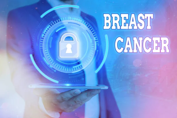 Pismo odręczne Rak piersi. Koncepcja oznacza chorobę, w której komórki w piersi rosną poza kontrolą Graficzny kłódka dla systemu aplikacji bezpieczeństwa danych internetowych. — Zdjęcie stockowe
