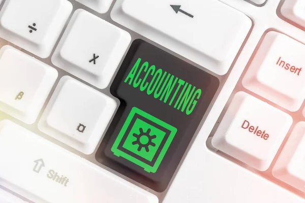 Text sign showing Accounting. Conceptual photo system of summarizing business and financial transactions Different colored keyboard key with accessories arranged on empty copy space. — Stock Photo, Image