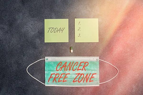 Textová značka ukazující zónu bez rakoviny. Koncepční foto podporující pacienty s rakovinou a zvyšování povědomí o rakovině Soubor lékařského vybavení s poznámkovým blokem pro profesionální hodnocení zdravotního stavu. — Stock fotografie