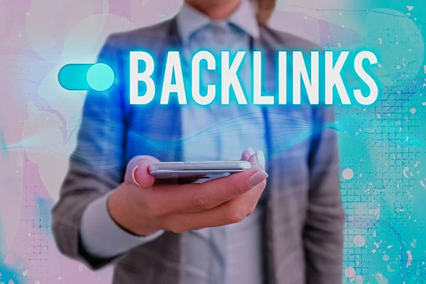 Text sign showing Backlinks. Conceptual photo links from one website to a page on another website or page Graphics padlock for web data information security application system. — Stock Photo, Image