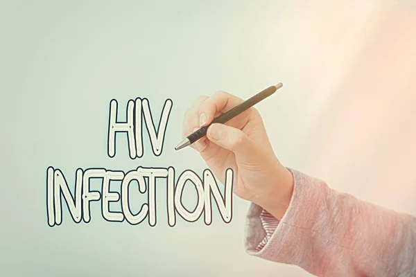 Text sign showing Hiv Infection. Conceptual photo A disease of the immune system due to the infection of HIV Model displaying different shots of holding pen ready for promotional use.