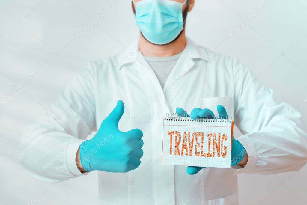 Conceptual hand writing showing Traveling. Business photo text going to different places instead of staying in one place Laboratory Technician Featuring Sticker Paper Smartphone.